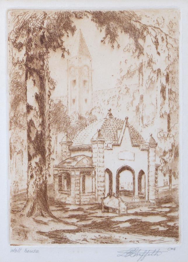 L.O. Griffith Aquatint, IU "Well House": An Louis Oscar Griffith (IN, 1875-1956) aquatint intaglio etching depicting I.U. Well House, "Well House", lower left in pencil, artist signature in right post mortem by wife, Carolyn (initialed in pe