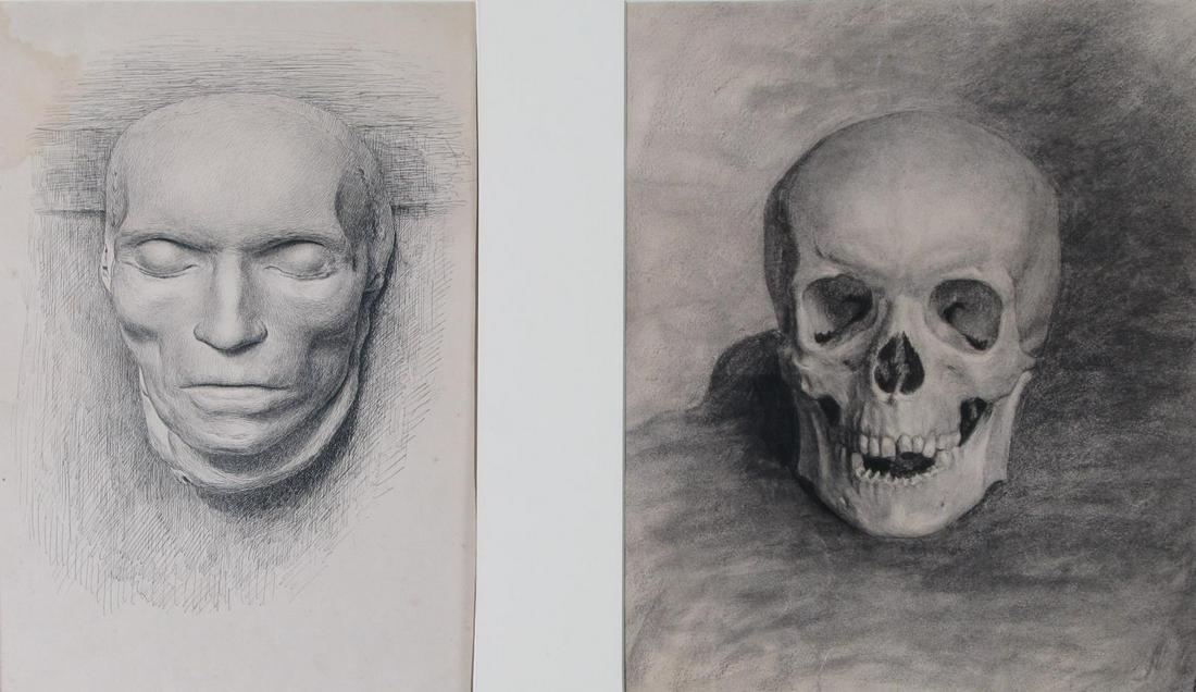 R Andriessen Charcoal/Pen & Ink Skull & Mask: R Andriessen (Germany/US, 1856-1910) , Charcoal/Pen & Ink , Skull & Mask , Depicting: Death mask and Skull Provenance formerly from estate of Leland Howard, author and collector Richard Andriessen, 15