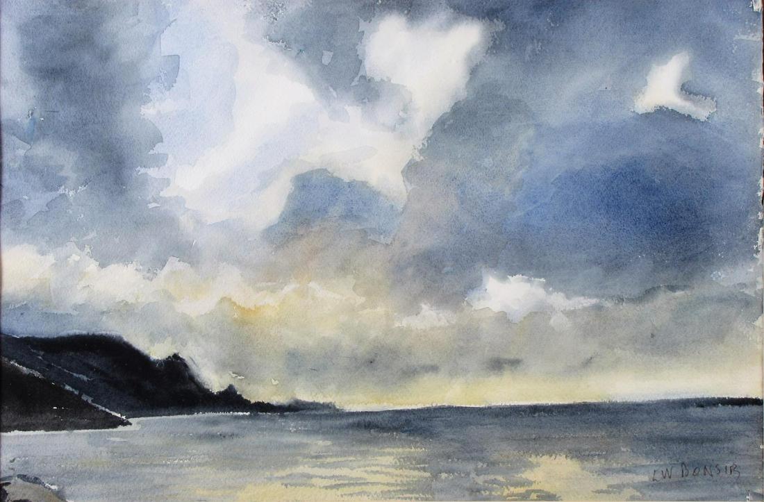 Louis W. Bonsib 14x21 WC "After the Storm": Louis W. Bonsib (IN, 1892-1972) 14x21 , WC , SLR , "After the Storm" , Depicting: Stormy Hillside Lake HS #91277 (910277) Size as framed: 23.5 x 30.5