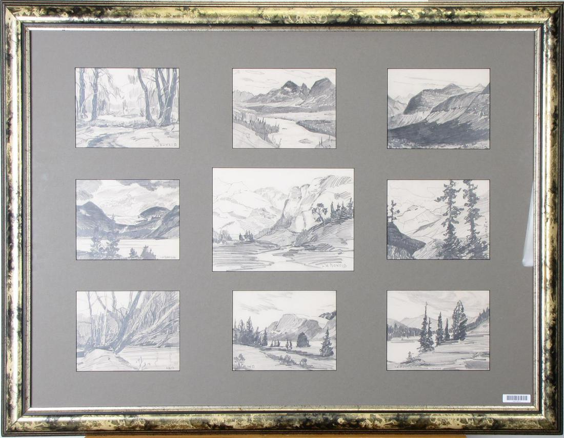 Louis W Bonsib Graphite Canada Mountains Collage: Louis W Bonsib (IN, 1892-1979), Canada Mountains Collage A group of nine original graphite pencil sketches of Canadian Parks, framed together, each signed, size as framed 27.5 x 35.5, HS# FA 910393