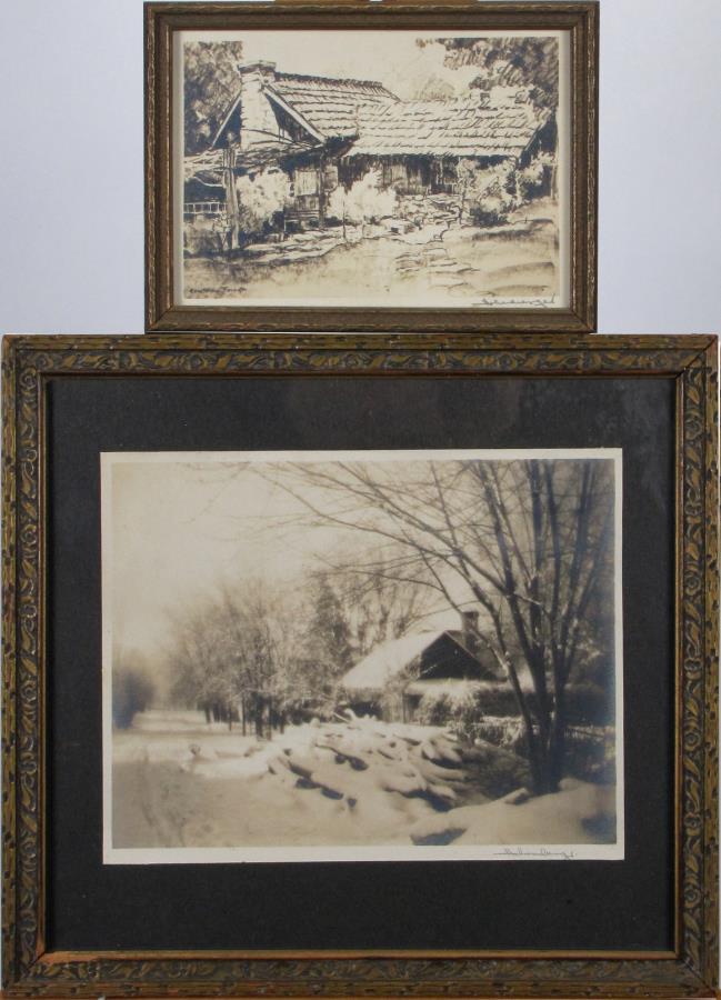 Two Frank J. Hohenberger Photo Prints: Two Frank J Hohenberger photo prints including a 6.5 x 8.5 snow bound rural cabin, signed in pencil lower right, in 11.25" x 12.25" frame, and a 4.25" x 6.25" photo print of a Constance Forsyth painti