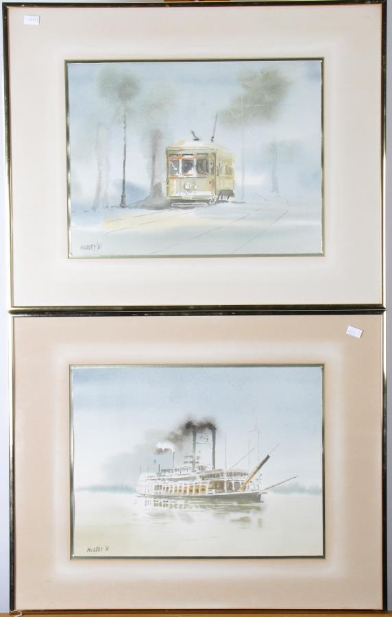 James Hussey (2) 10x13 WC Pair, New Orleans Scenes: James Hussey (Louisiana, b 1931) (2) 10x13 , WC , signed lower left, 1981 , Pair, New Orleans Scenes , Depicting: streetcar, and steamboat each, size as framed 16x 20