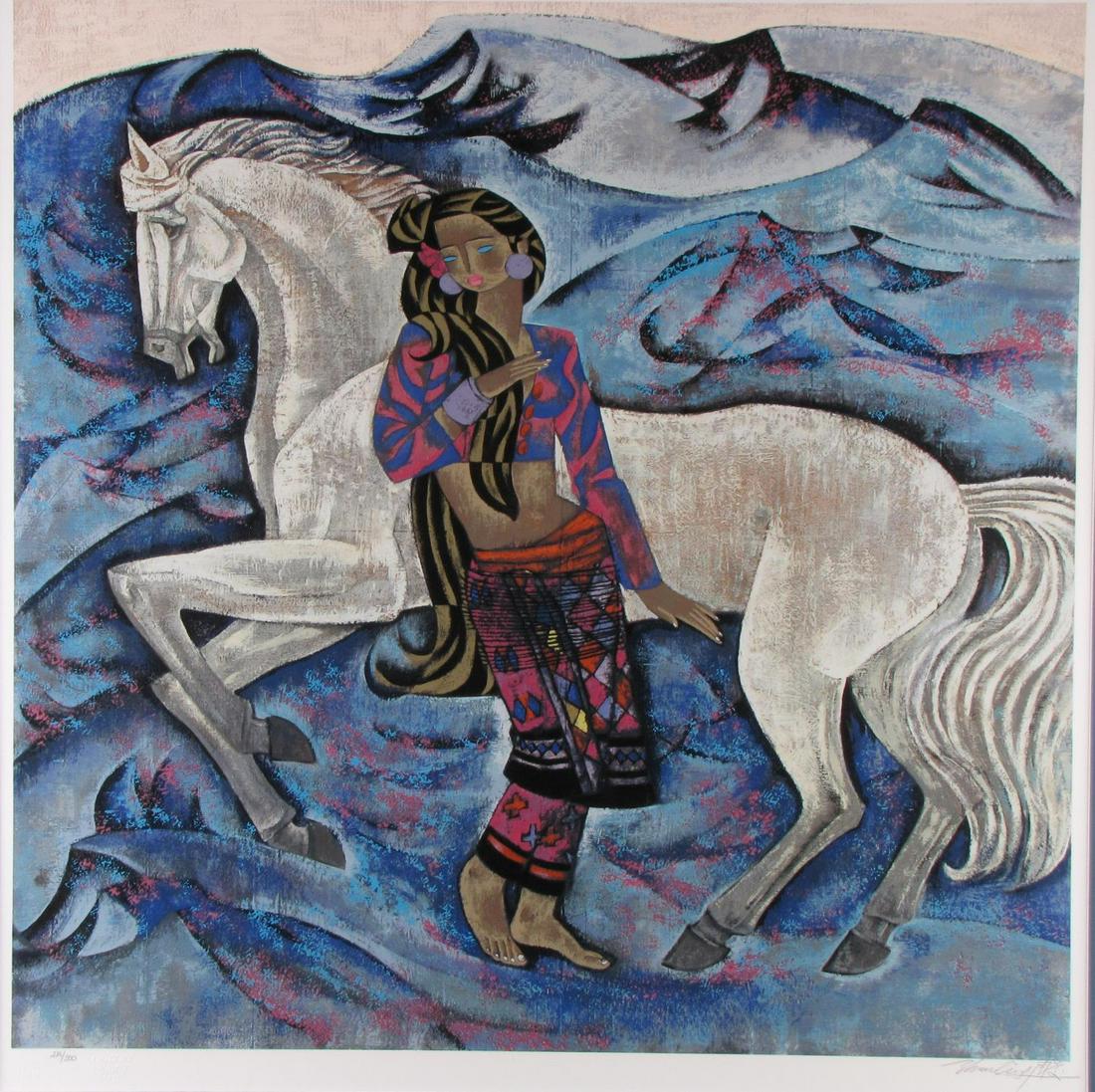 Zhou Ling Serigraph "White Horse": Zhou Ling (China, b.1941), 33" x 33" limited edition serigraph on rice paper, pencil signed and numbered in lower margin "286/300", with "Gregory Editions" embossed mark, size as framed : 45" x 45"