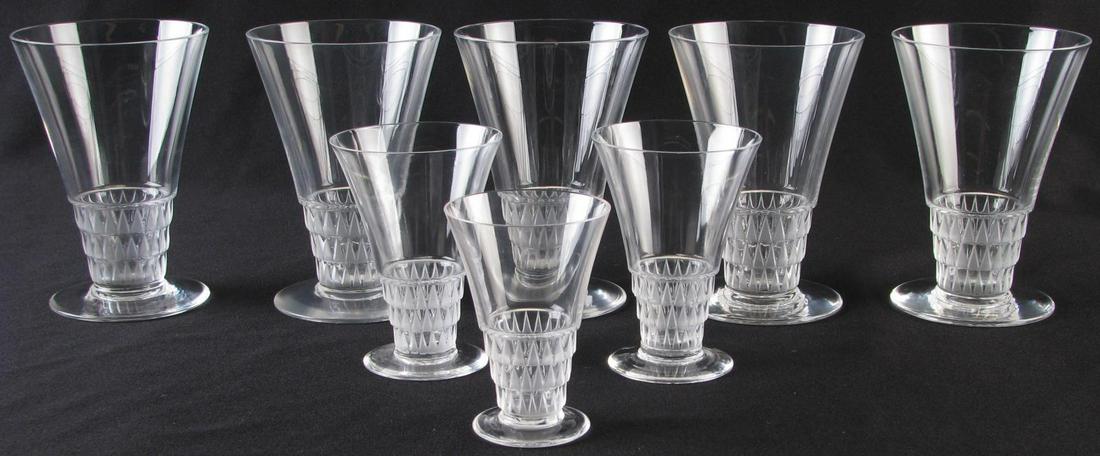 Eight Rene Lalique 'Bourgueil' Crystal Glasses: Eight Rene Lalique 'Bourgueil' Crystal Glasses, including: five lemonade glasses; two dessert wine glasses and one liqueur glass; all signed on underside "R. Lalique France", 3"-4.5" high Condition: O