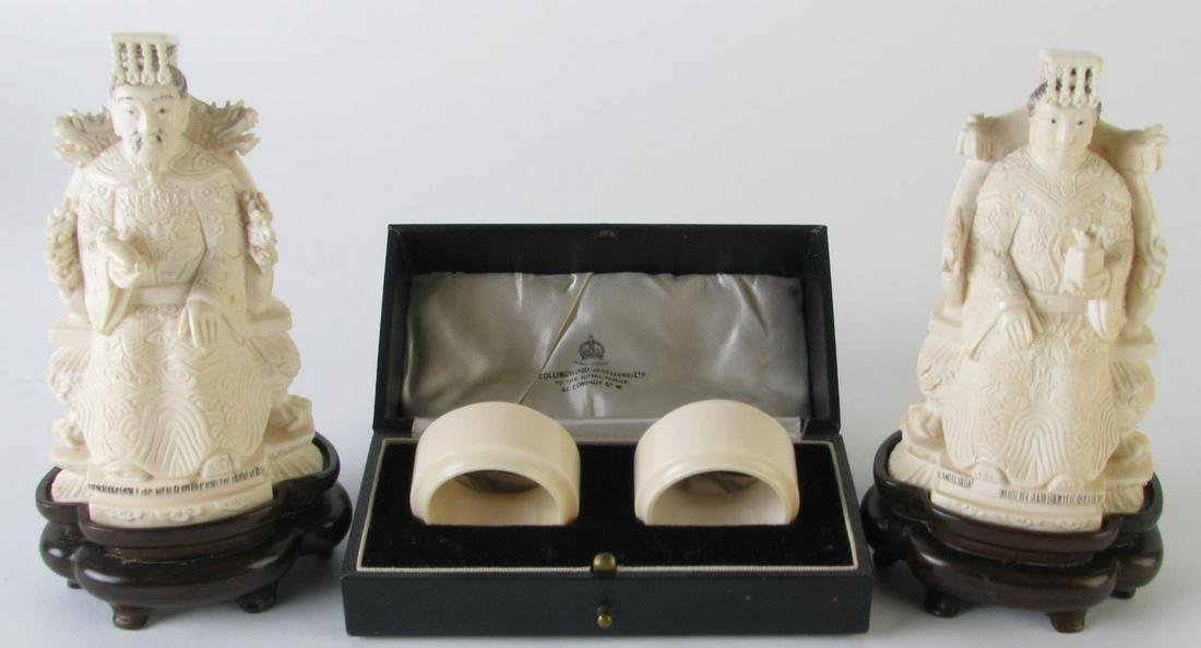 Oriental Carved Emperor and Empress & Napkin Rings: Oriental Carved Emperor and Empress & Napkin Rings, hand carved bone figures depicting seated emperor and empress, on fitted wood stands, each signed on bottom; Collingwood Jewelers bone carved napkin