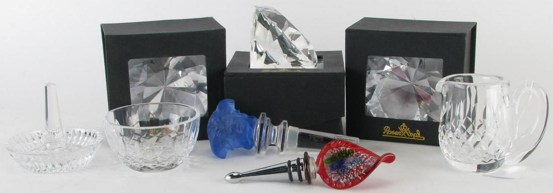 Seven Waterford and Rosenthal Crystal Items: Seven Waterford and Rosenthal Crystal Items, including: three Rosenthal diamond paperweights in original boxes; Rosenthal Versace 'Medusa' stopper; Waterford ring dish, creamer and bowl; selling with