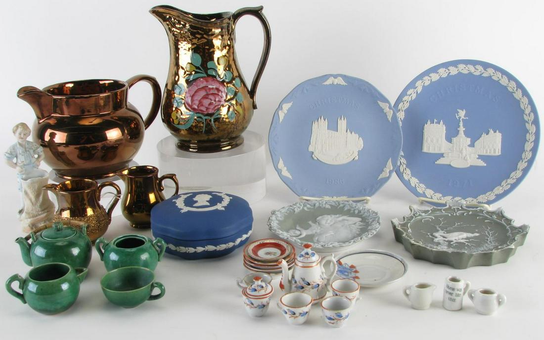 Collection of Pottery and Porcelain: Collection of Pottery and Porcelain, 31 pieces total including: four piece miniature tea set; 17 pieces of miniature dishes; porcelain figure of a boy; four gold luster pitchers; Wedgwood Jasperware l