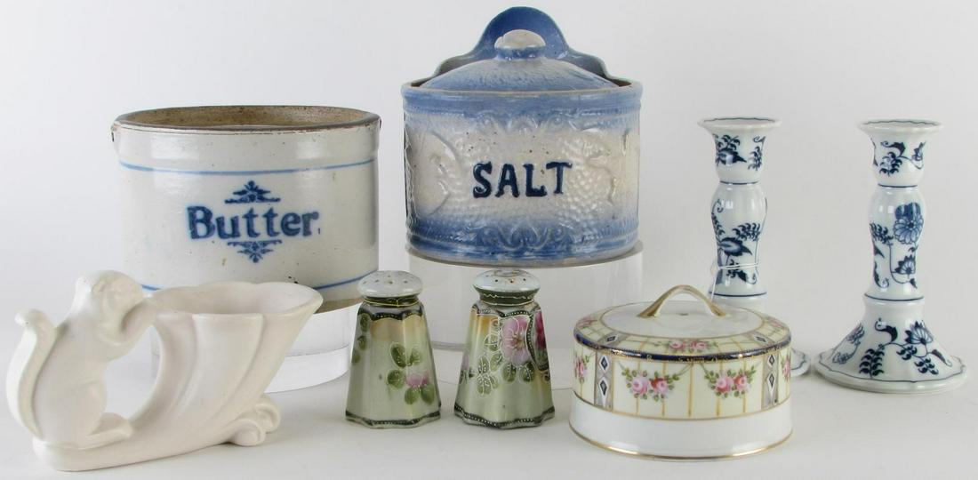Eight Pottery and Porcelain Items: Eight Pottery and Porcelain Items, including: stoneware lidded salt container; stoneware butter crock, no lid; art pottery squirrel vase; porcelain dome with underplate, hand painted and enameled deco
