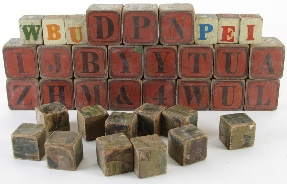 36 Vintage Wooden Blocks: 36 Vintage Wooden Blocks, including 19 with alphabet and nursery rhymes; 17 with letters and picture puzzles; 1.5" and 2"