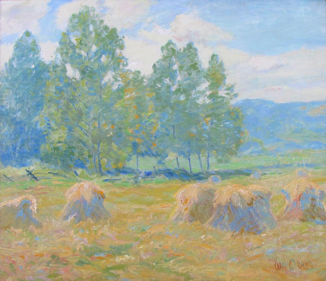 Carl C Graf 16x19 O/b "Summer Harvest": Carl C Graf (IN,1892 - 1947) 16x19 , O/b , signed lower right , "Summer Harvest" , Depicting: hay bales in field , Titled: titled on tag verso Provenance Barbara Geyer estate