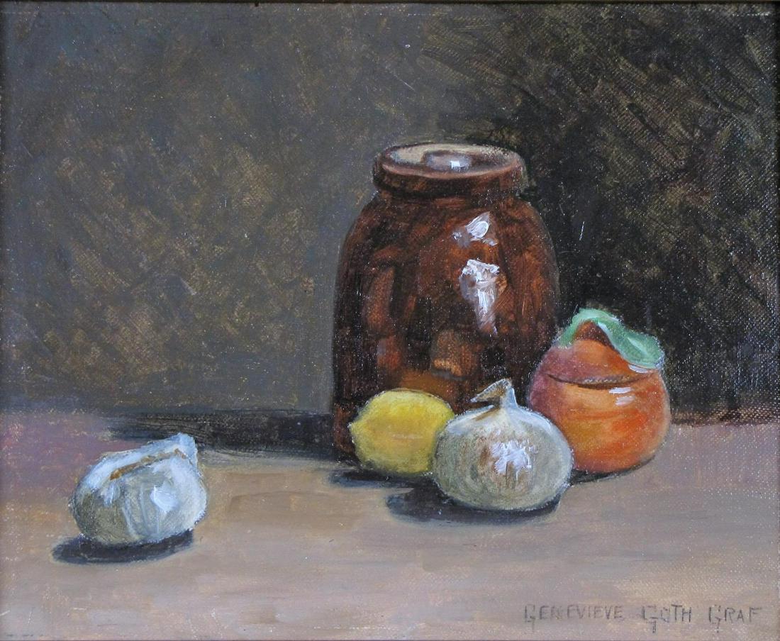 Genevieve Goth Graf 8x10 O/B Still Life, Jar and F: Genevieve Goth Graf (IN,1890 - 1961) 8x10 , O/B , signed lower right , Still Life, Jar and Fruit Provenance Barbara Geyer estate