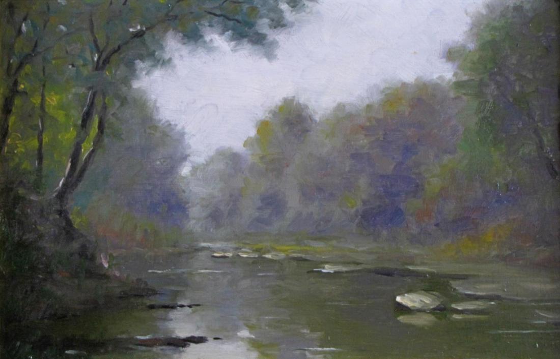 Ferdinand G Walker 7x11 O/B "September, Silver Cre: Ferdinand G Walker (IN/KY,1859-1927) 7x11 , O/B , unsigned , "September, Silver Creek" , Depicting: Indiana landscape Provenance with notarized photo, attribution by artist's niece, Louise Walker - fr