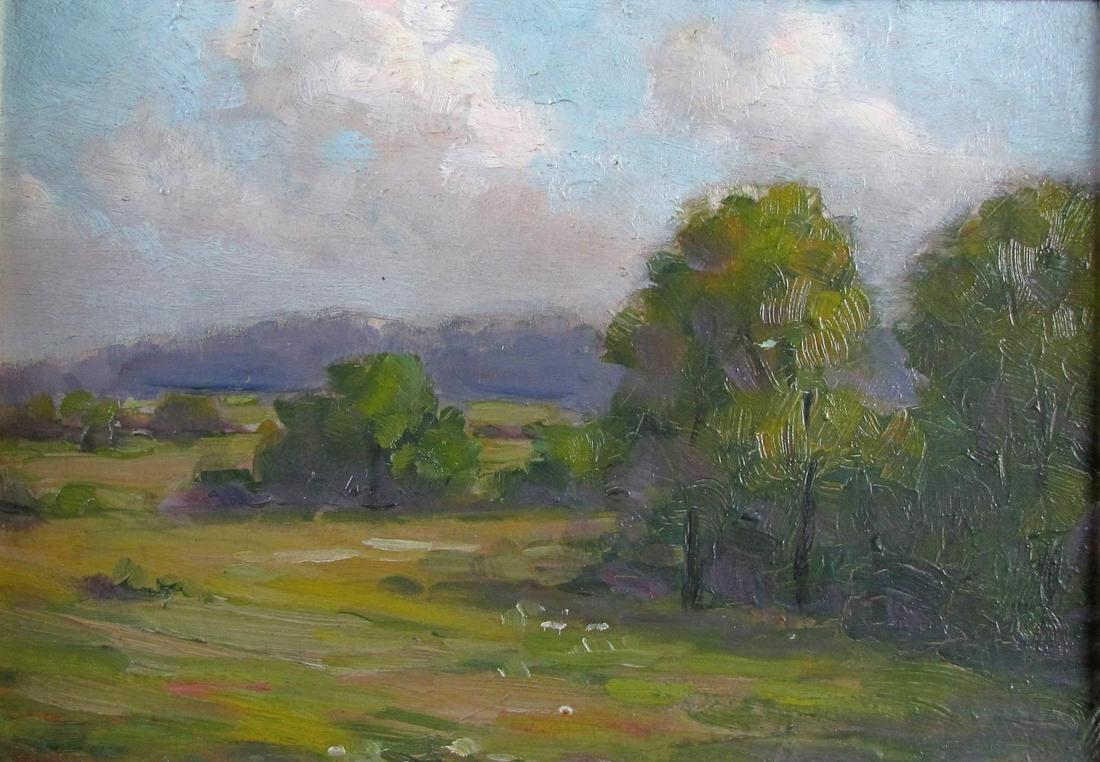 Ferdinand G Walker 6.5x9 O/B "Country Landscape": Ferdinand G Walker (IN/KY,1859-1927) 6.5x9 , O/B , unsigned , "Country Landscape" , Depicting: Indiana landscape Provenance with notarized statement on photo from artist's niece, Louise Walker, attach