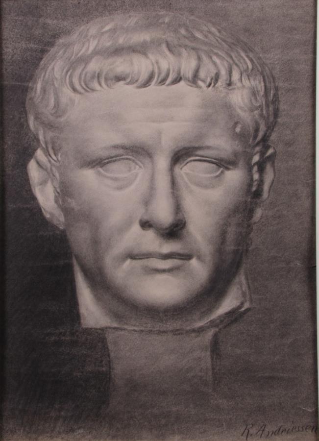 R. Andriessen 24x18 Charcoal/P "Caesar": R. Andriessen (Germany/US, 1856-1910) 24x18 , Charcoal/P , SLR , "Caesar" , Depicting: Stone carved head of Caesar Provenance formerly from estate of Leland Howard, author and collector Richard Andrie