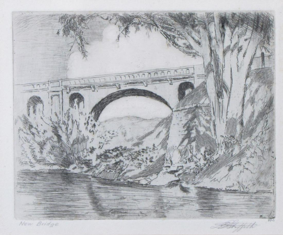 L.O. Griffith "New Bridge" Etching: An L.O. Griffith (IN, 1875-1956) etching, titled in pencil lower left, "New Bridge" and signed posthumously by grandson, Rick, in pencil lower right, image/plate size 4.75" x 5.75", size as framed 12.