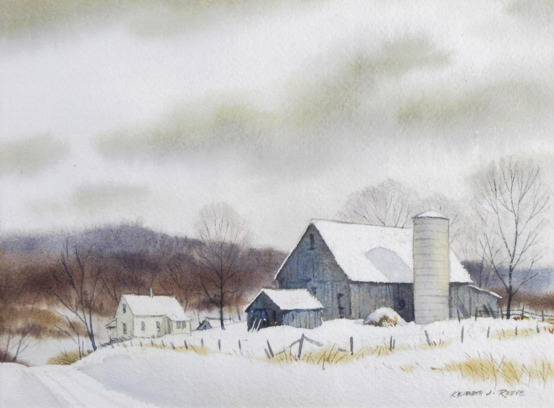 Kenneth J Reeve 9x12 WC Winter Farm: Kenneth J Reeve (IN,1910 - 2012) 9x12 , WC , signed lower right , Winter Farm , Depicting: farm buildings, home, in snow Provenance Barbara Geyer estate size as framed: 15x18