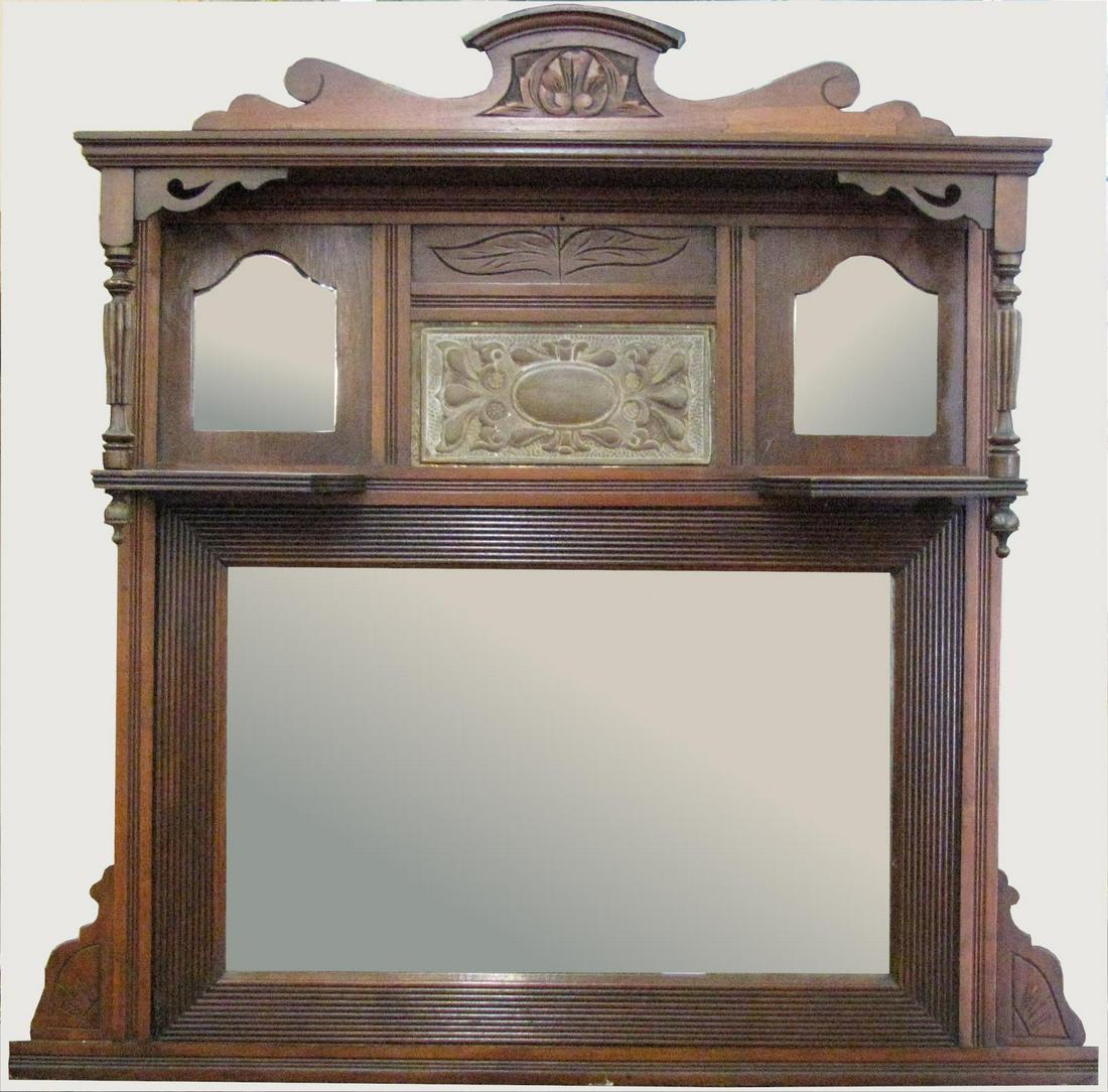 Antique Mahogany Wall Mirror: Antique Mahogany wall mirror, with two candle shelves, molded cast metal insert, ca late 1800s, 42 x 21"h