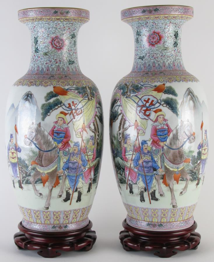 Pair of Oriental Porcelain Vases: Pair of Oriental Porcelain Vases, each depicting Shen Yunying (1624-1660) on horseback, she was a female general during the Ming Dynasty, red and blue floral decoration, trimmed in gold, oriental char