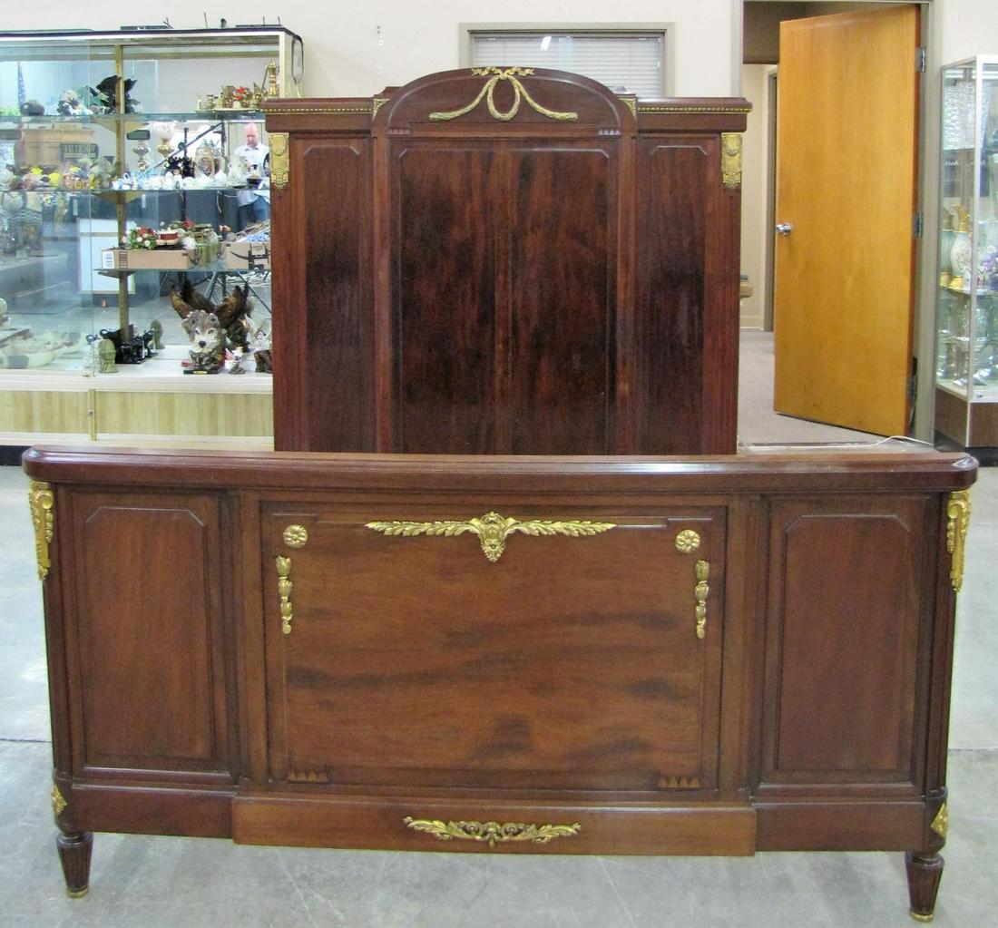 French Period-Style Panel Bed, Queen: A French period-style panel bed, with mounted ormolu, queen size, by Seventh Heaven Divine Dreams (UK manufacturer), 65.5"h