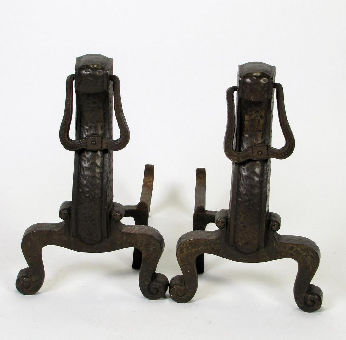 Pair of Bronzed Andirons: A pair of bronzed, cast metal andirons, hammered finish, 20th century