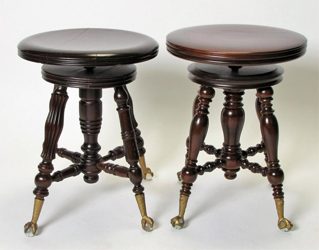 Two Organ Stools: Two contemporary manufacture, antique style organ stools, 1 with mis-matched leg, both with glass ball and talon feet, both with spinning adjustable-height seats