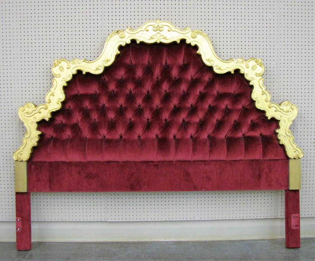 Carved and Gold Leaf Queen Size Headboard: A carved and gold leaf queen size headboard, with button tufted velvet upholstery (headboard only), 62"h