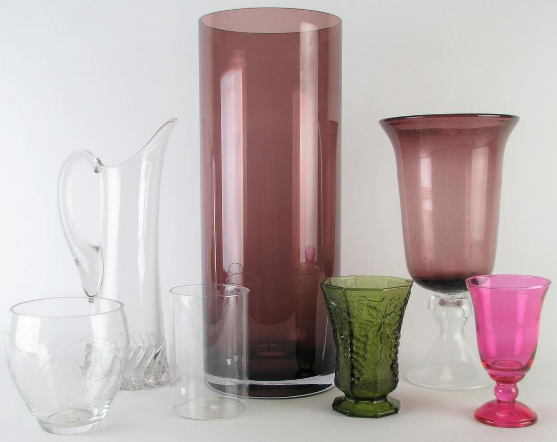 Six Pieces of Decorated Glassware: Six Pieces of Decorated Glassware, including: large amethyst cylindrical vase; amethyst and clear footed vase; clear pitcher with molded base; pink goblet; green vase with grape decoration; two clear 