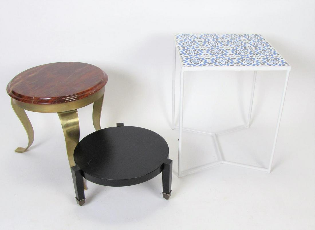 Group of Accessories, Muller Mexico Onyx: A group of three items, including Muller of Mexico small table with brass legs and with onyx top (label underside), 16" dia x 15.5"h; a tile top accessory table with metal base; and a wooden plant sta