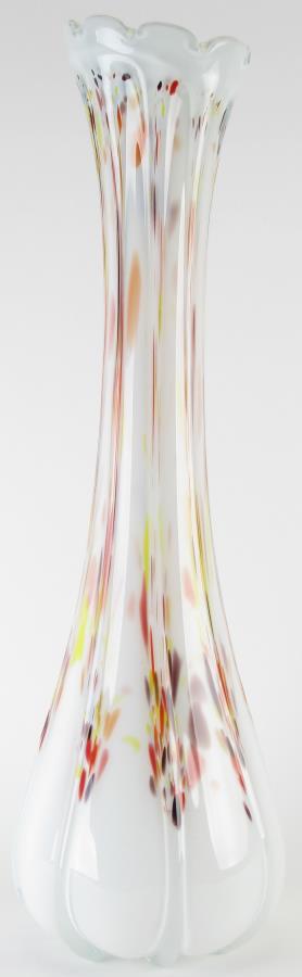 Murano Style Glass Floor Vase: Murano Style Glass Floor Vase, white vase with purple, red and yellow glass decoration, elongated neck with scalloped rim, 29.5" high