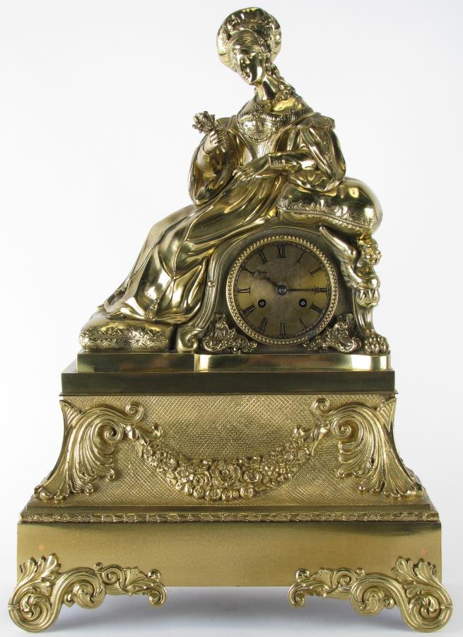 Honore Pons French Figural Mantle Clock: Honore Pons French Figural Mantle Clock, Honore Pons (French, 1807-1850), depicting reclining maiden in period attire holding flowers, bell chime, 3.25" dial with Roman numerals, movement marked "Pons