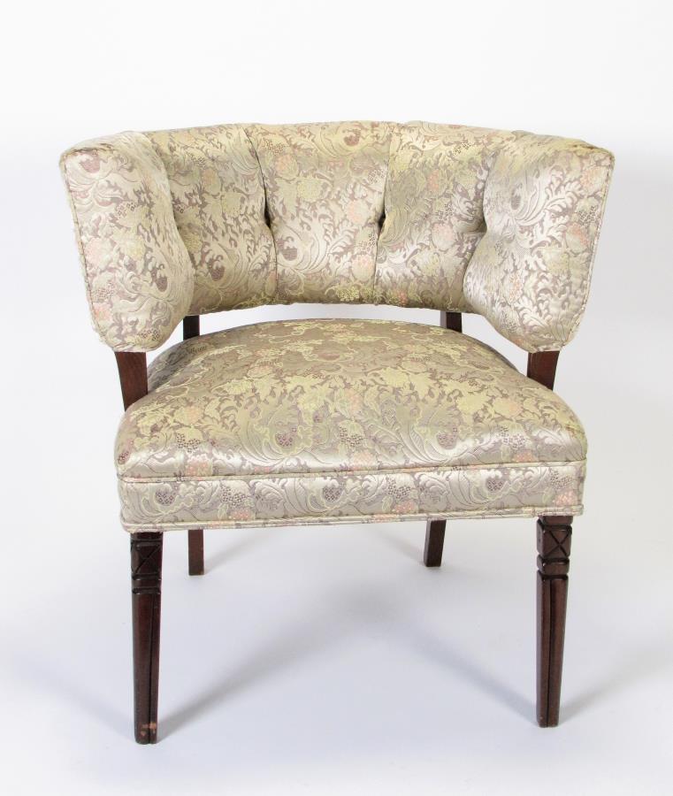 Vintage Upholstered Occasional Chair: A vintage, upholstered occasional chair, button tufted upholstery, tapered square legs, 29"h, ca early/mid 20th century