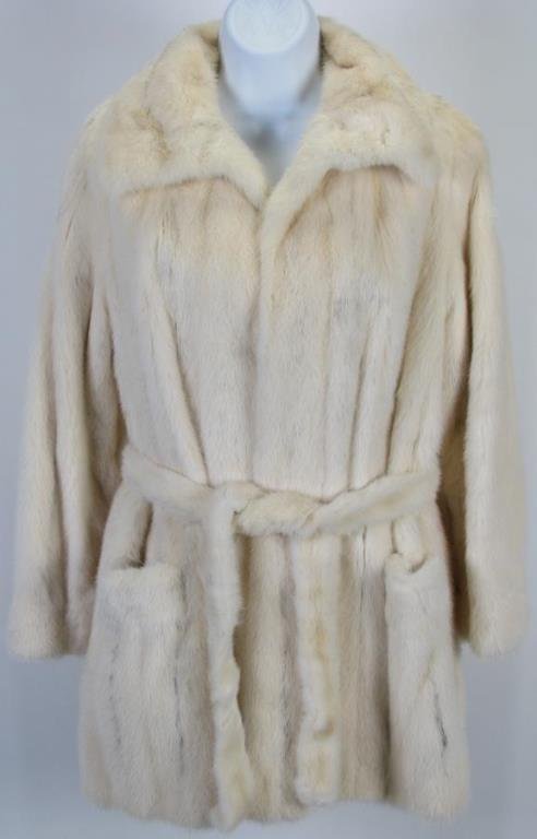 I. Magnin & Co Sno-Mist Mink Stroller: A very nice condition I. Magnin & Co. Sno-Mist mink stroller with belt, two front pockets, very clean and great condition lining monogrammed "HM", with belt; coat measurements (approximate): 16.5" sho