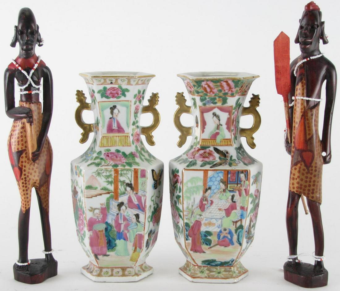 Pair of Oriental Porcelain Vases and Wood Figures (1 of 4)