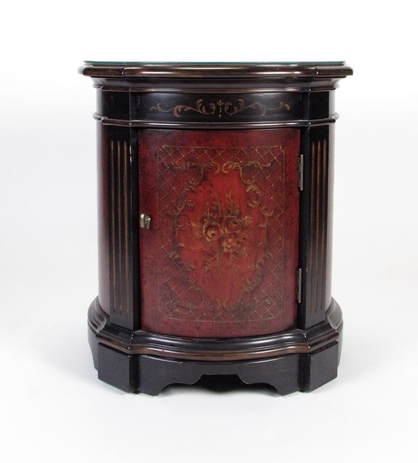 Decorator Commode Table: A decorator commode table, one door, fitted glass top, with painted and carved decoration, 25"dia x 28"h