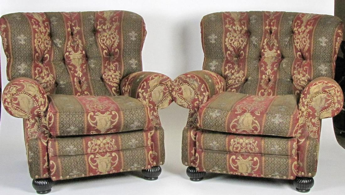 Pair of Leathercraft Reclining Chairs: A pair of Leathercraft fabric-upholstered pressback recliners, nailhead trim, button-tufted back, fluted bun foot, 40 x 44 x 40"h