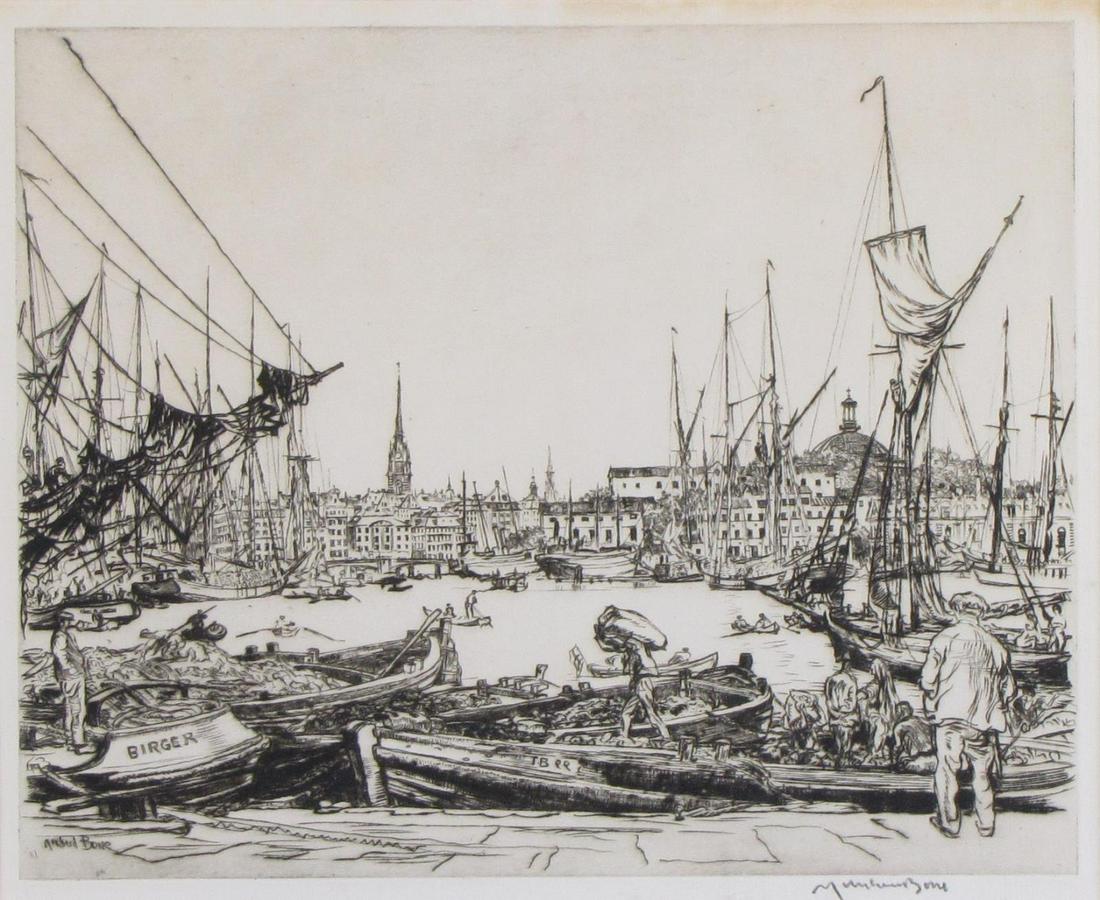 Muirhead Bone (UK), Drypoint Etching, Stockholm: A drypoint etching, by Muirhead Bone (UK, 1876-1953) depicting Stockholm, Sweden, busy harbor, signed in pencil lower margin, signed in plate lower left, sight size 8.5x10, size as framed 15x16