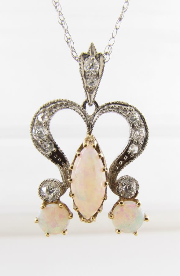 Vintage Platinum Opal, Diamond Pendant, 14K Chain (1 of 2)