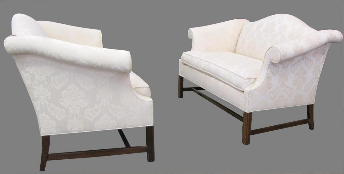 Pair of Federal Style, Southwood Settees: A pair of Federal style settees, by Southwood Furniture, NC, with down cushions, mahogany Chippendale style frames, 58"l x 30" x 34"h