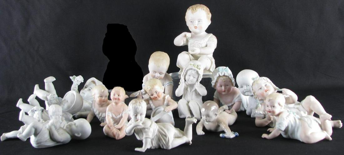 Collection of Porcelain Piano Babies and Figures: Collection of Porcelain Piano Babies and Figures, 16 including: Royal Copenhagen; Suzanne McBrayer; several biscuit marked "Made in Germany", 2.5"-7" high