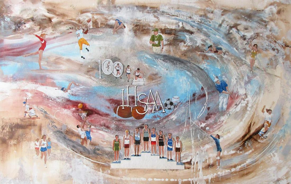 Betty C Boyle 19x29 M/M, Collage "IHSAA 100th Anni: Betty C Boyle (IN, 1927-2015) 19x29 , M/M, Collage , signed lower middle , "IHSAA 100th Anniv" , Depicting: various High School athletes size as framed 28.5 x 39, HS # n/a