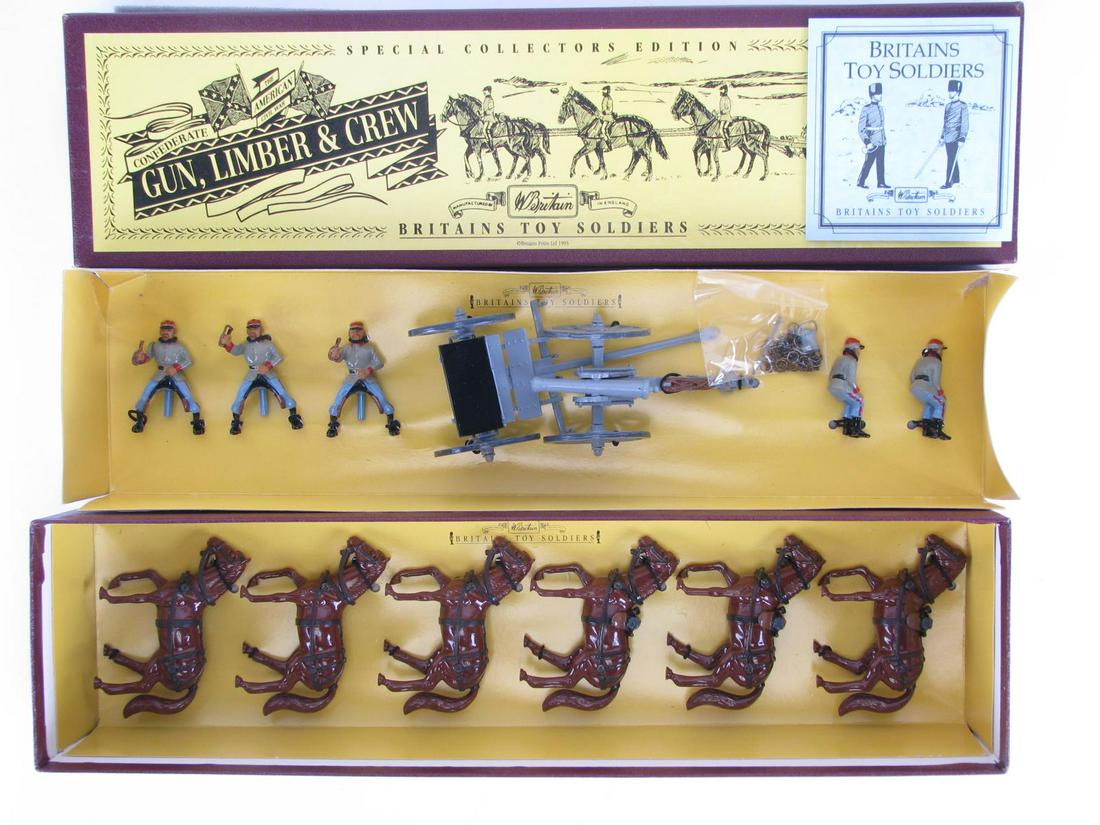 Britains #8874 Confederate Gun, Limber & Crew: Britains #8874 Confederate Gun, Limber & Crew, Confederate horse drawn limber with gun & crew. 13 pieces with one bag containing chains. special collectors edition, In original box (yellow insert torn