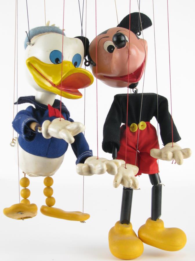 Mickey Mouse and Donald Duck Marionettes: Mickey Mouse and Donald Duck Marionettes, Mickey Mouse with porcelain head, hands and feet, composite limbs and cloth clothing, unsigned; Donald Duck with Porcelain head, body, hands and feet; wooden 