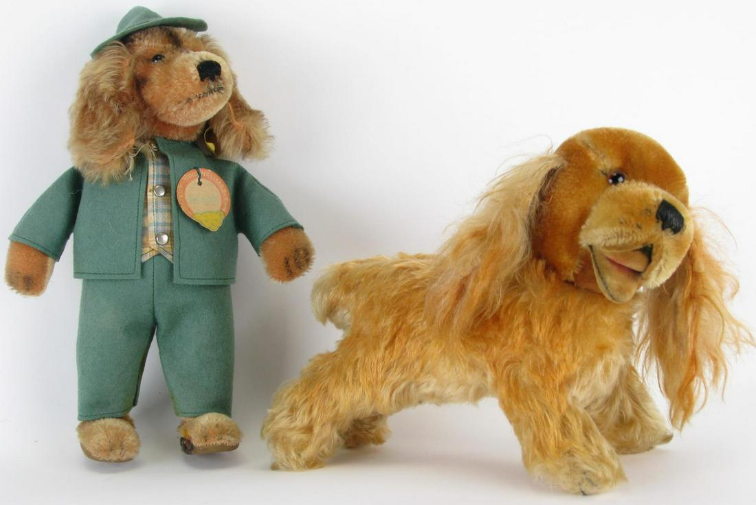 Steiff Open Mouth Spaniel and Waldili: A Steiff unidentified red cocker spaniel, open mouth, bead eyes, sewn nose, docked tail, button ear with yellow faded tag (illegible), non jointed, "hair" worn off ears, possible repairs at ear seams,