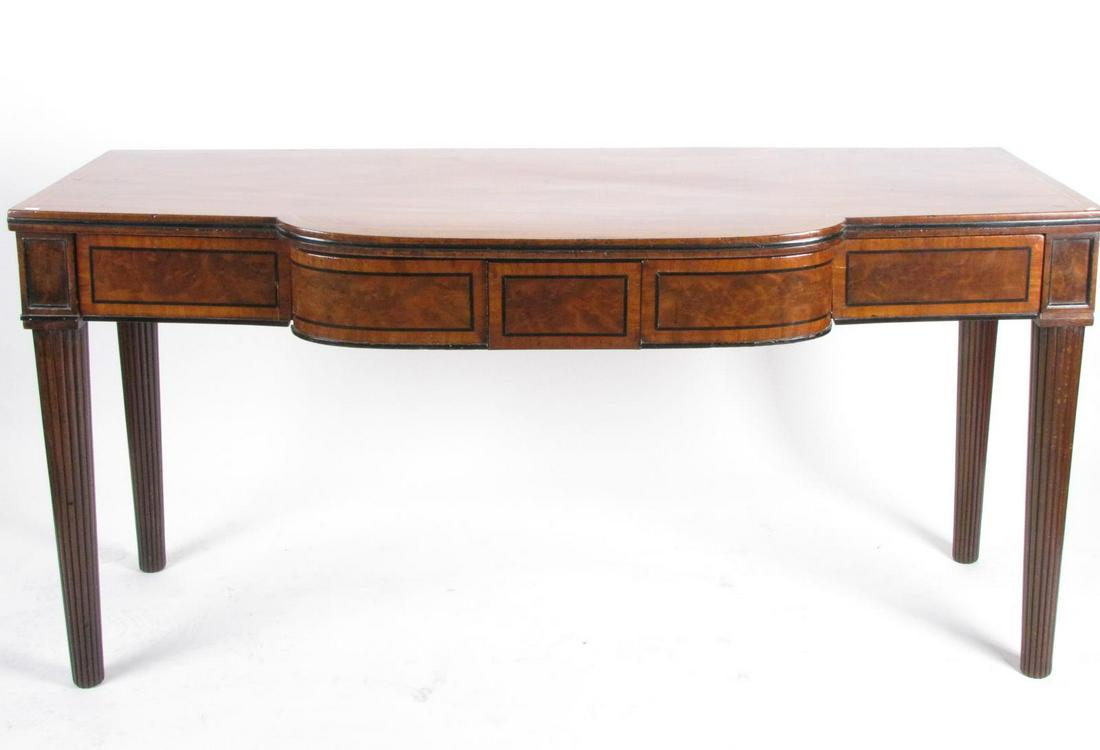 Antique Walnut Console Table: An antique, ca late 19th century, walnut console table, with three drawers, reeded legs, with banded inlay and burl veneer, 66" x 25.5" x 32"h (few scratches and finish imperfections)