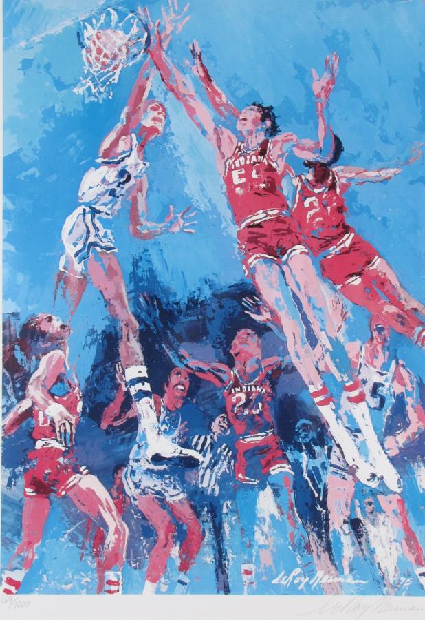 Leroy Neiman Serigraph, "Hoosier Hoopla": Leroy Neiman serigraph, pencil signed lower right. IU vs. UCLA in 1975. Numbered lower left 169 of 1000. Titled "Hoosier Hoopla," this piece depicts Kent Benson and Richard Washington, size as framed: