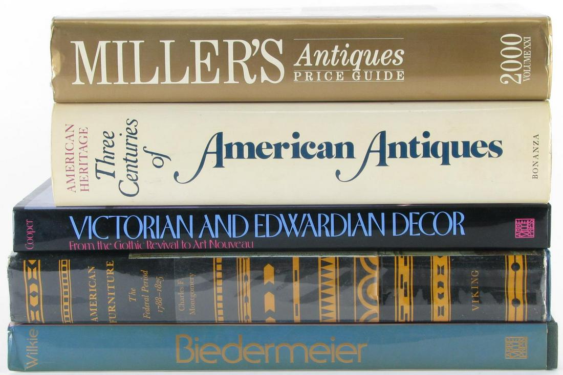 Group of Antiques Reference Books: Group of antiques reference books, including "Biedermeier", Wilke, c 1987; "American Heritage- Three Centuries of American Antiques", editors of American Heritage magazine, 3 vols in one, c 1979; "Ame
