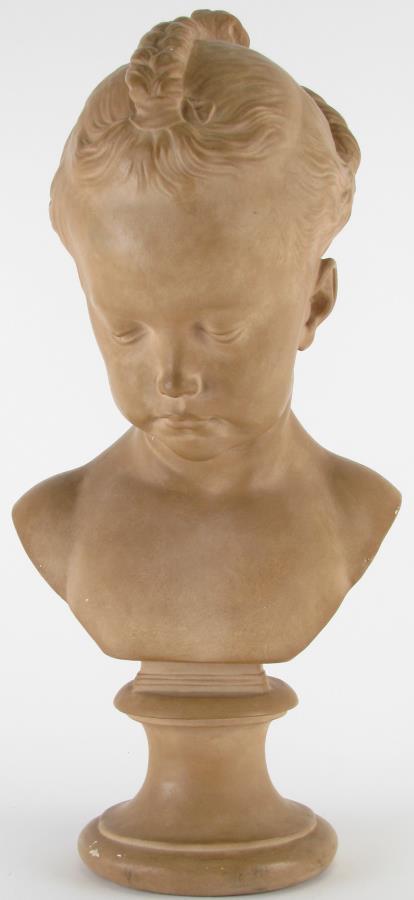 Jacques Saly Reproduction Plaster Bust of Girl: Jacques Saly Reproduction Plaster Bust of Girl, Musee Du Louvre plaster reproduction of "Alexandrine d Etiolles", signed in cast "SALV", metal medallion in cast on underside, paper label on back, 18.5