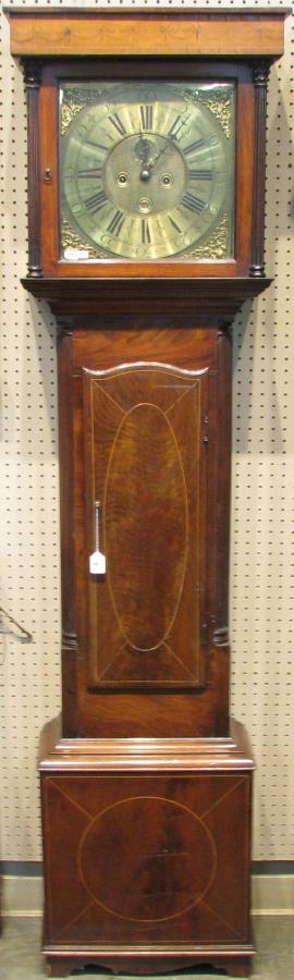 Antique Irish Tallcase Clock: An antique Irish tallcase clock, period George III, inlaid mahogany and veneered case, two weight eight day movement, square dial marked Thomas Sanderson (ca mid 1700s), dial older than case, overall 