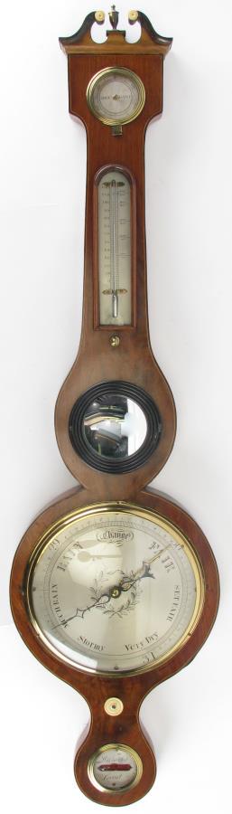 Antique Wall Barometer: Antique Wall Barometer, mahogany case with walnut veneer, includes thermometer, barometer, hygrometer, warranted correct level at bottom, bulls eye mirror at midsection (center distorted), 38" high Co