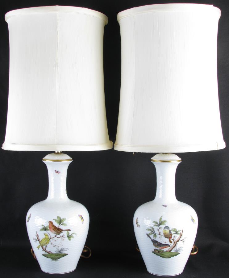 Pair of Herend Rothschild Bird Porcelain Lamps: Pair of Herend Rothschild Bird Porcelain Lamps, white porcelain lamps with woven textured exterior, depicting perched birds and butterflies, cream silk shades, each hallmarked on underside, 24" to top